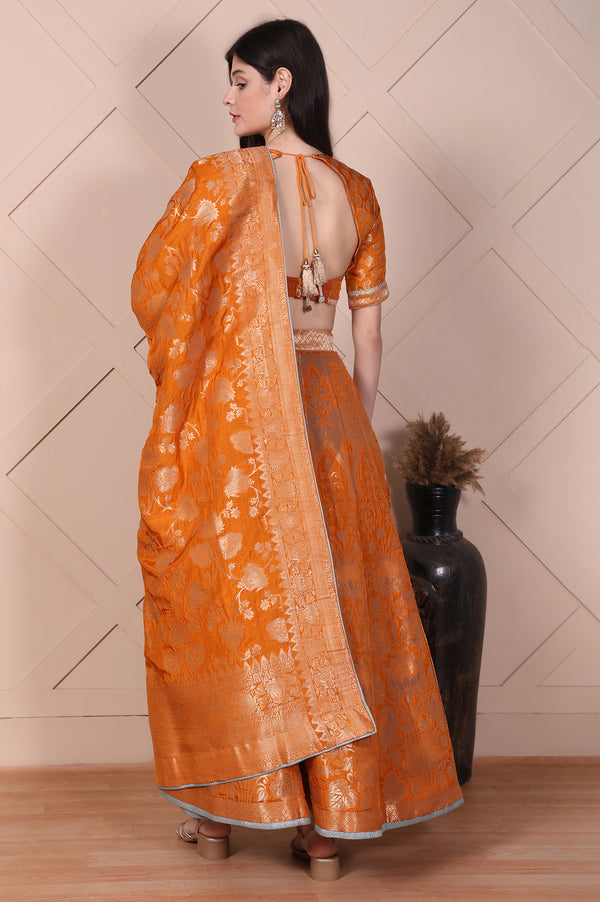 Orange Jacquard Printed Embellished Jacquard Flared Crop Top, Skirt and Dupatta Set