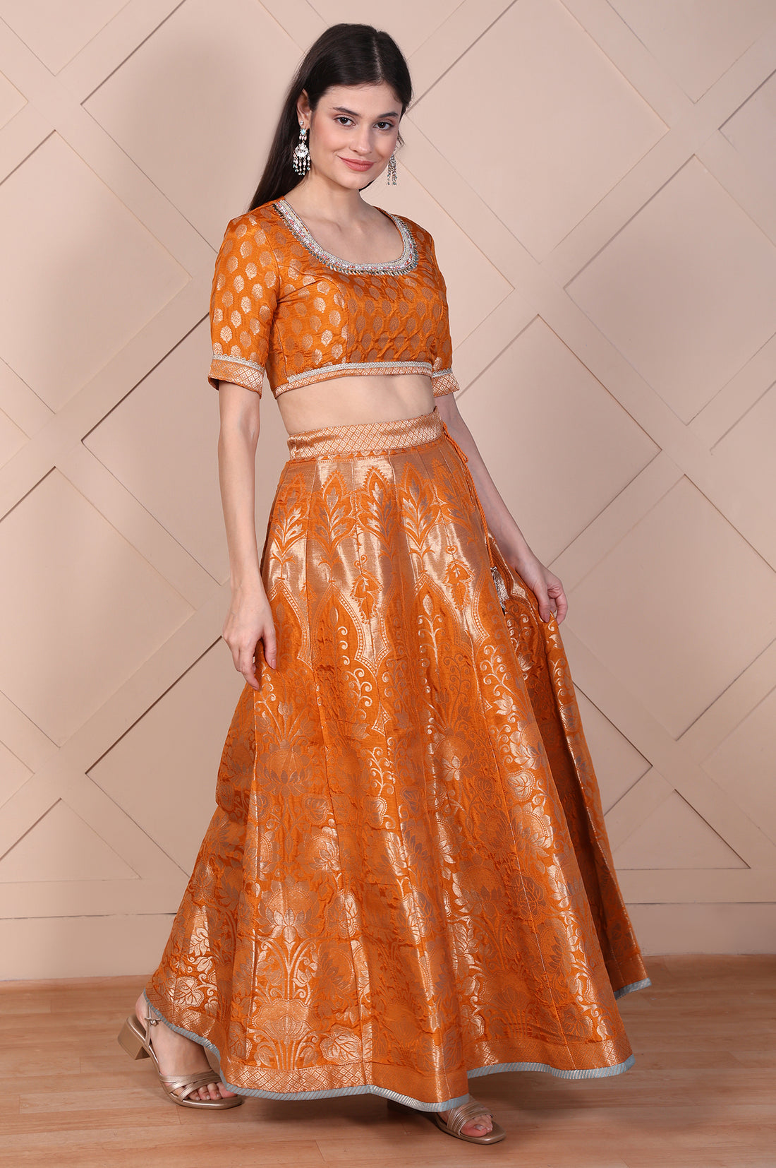 Orange Jacquard Printed Embellished Jacquard Flared Crop Top, Skirt and Dupatta Set