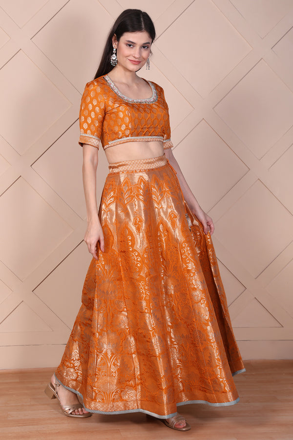 Orange Jacquard Printed Embellished Jacquard Flared Crop Top, Skirt and Dupatta Set