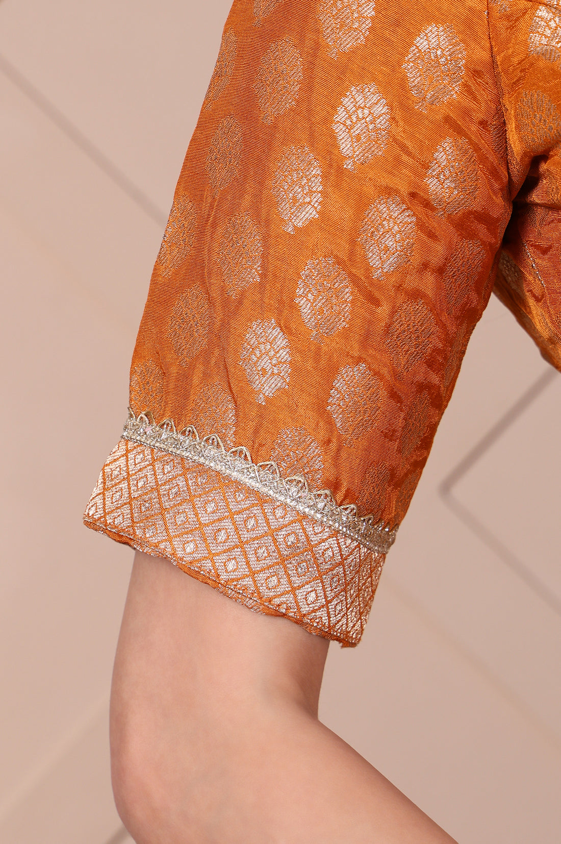 Orange Jacquard Printed Embellished Jacquard Flared Crop Top, Skirt and Dupatta Set