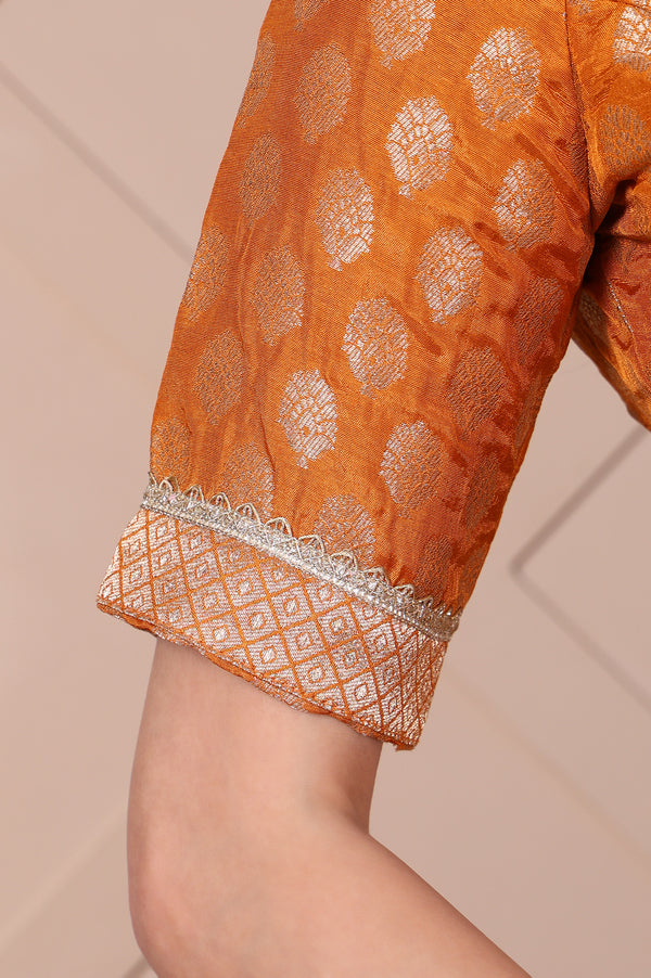 Orange Jacquard Printed Embellished Jacquard Flared Crop Top, Skirt and Dupatta Set