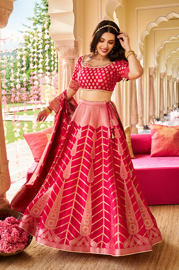 Red Zari Jacquard Straight Crop Top, Skirt and Dupatta Set
