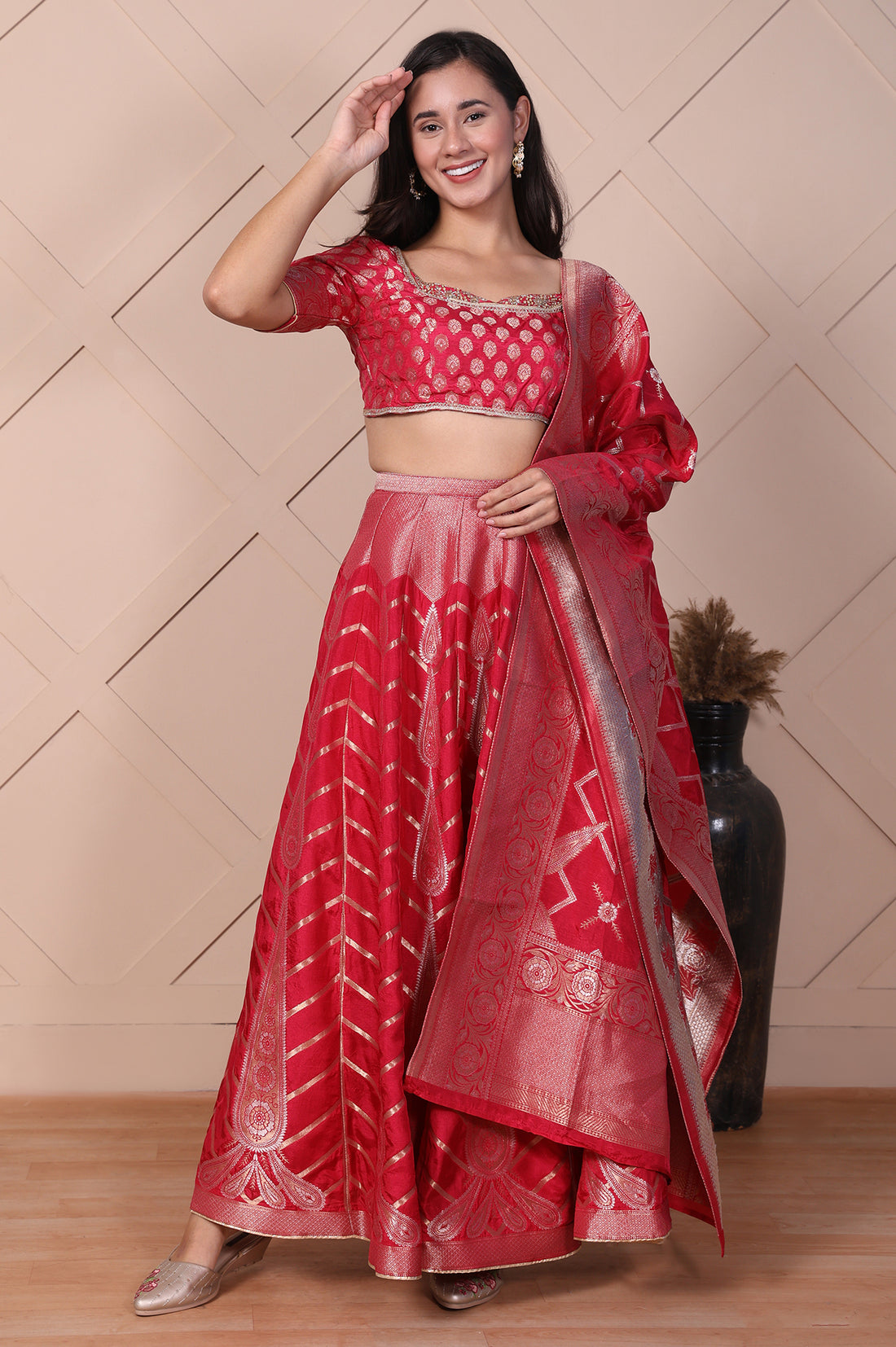Red Zari Jacquard Straight Crop Top, Skirt and Dupatta Set