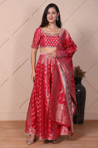 Red Zari Jacquard Straight Crop Top, Skirt and Dupatta Set