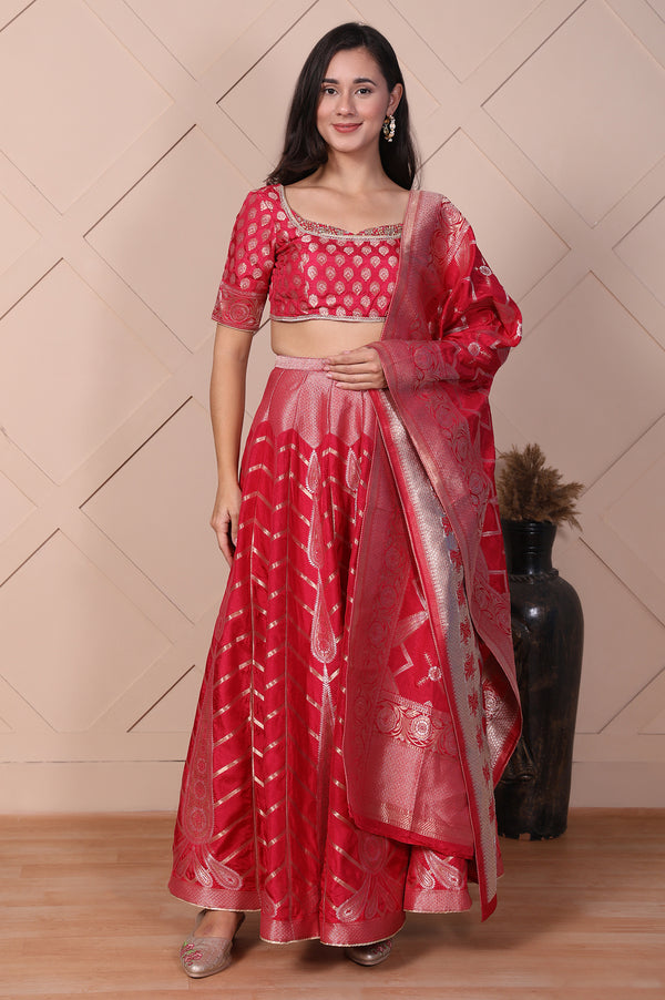 Red Zari Jacquard Straight Crop Top, Skirt and Dupatta Set