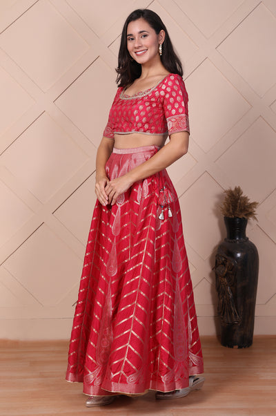 Red Zari Jacquard Straight Crop Top, Skirt and Dupatta Set