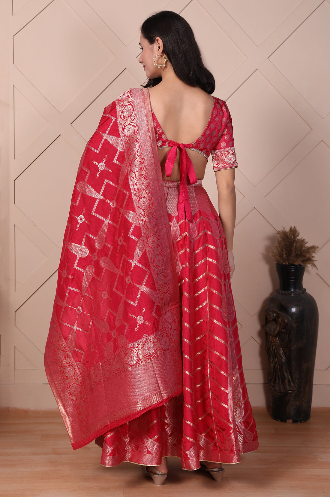 Red Zari Jacquard Straight Crop Top, Skirt and Dupatta Set