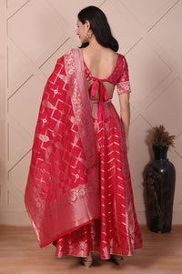 Red Zari Jacquard Straight Crop Top, Skirt and Dupatta Set