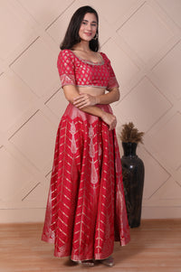 Red Zari Jacquard Straight Crop Top, Skirt and Dupatta Set
