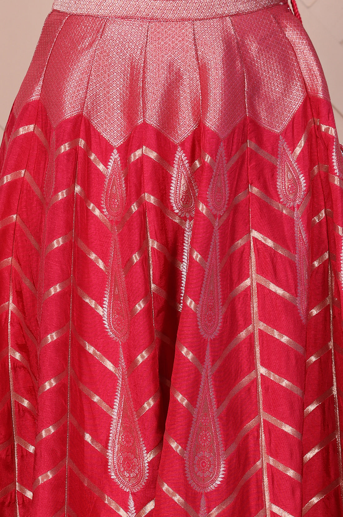 Red Zari Jacquard Straight Crop Top, Skirt and Dupatta Set