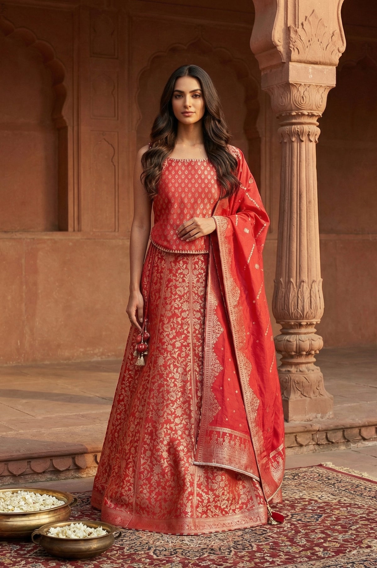 Red Jacquard Zari Straight Crop Top with Skirt and Dupatta Set - XS