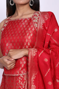 Red Jacquard Zari Straight Crop Top with Skirt and Dupatta Set