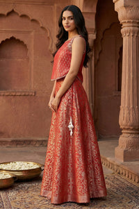Red Jacquard Zari Straight Crop Top with Skirt and Dupatta Set