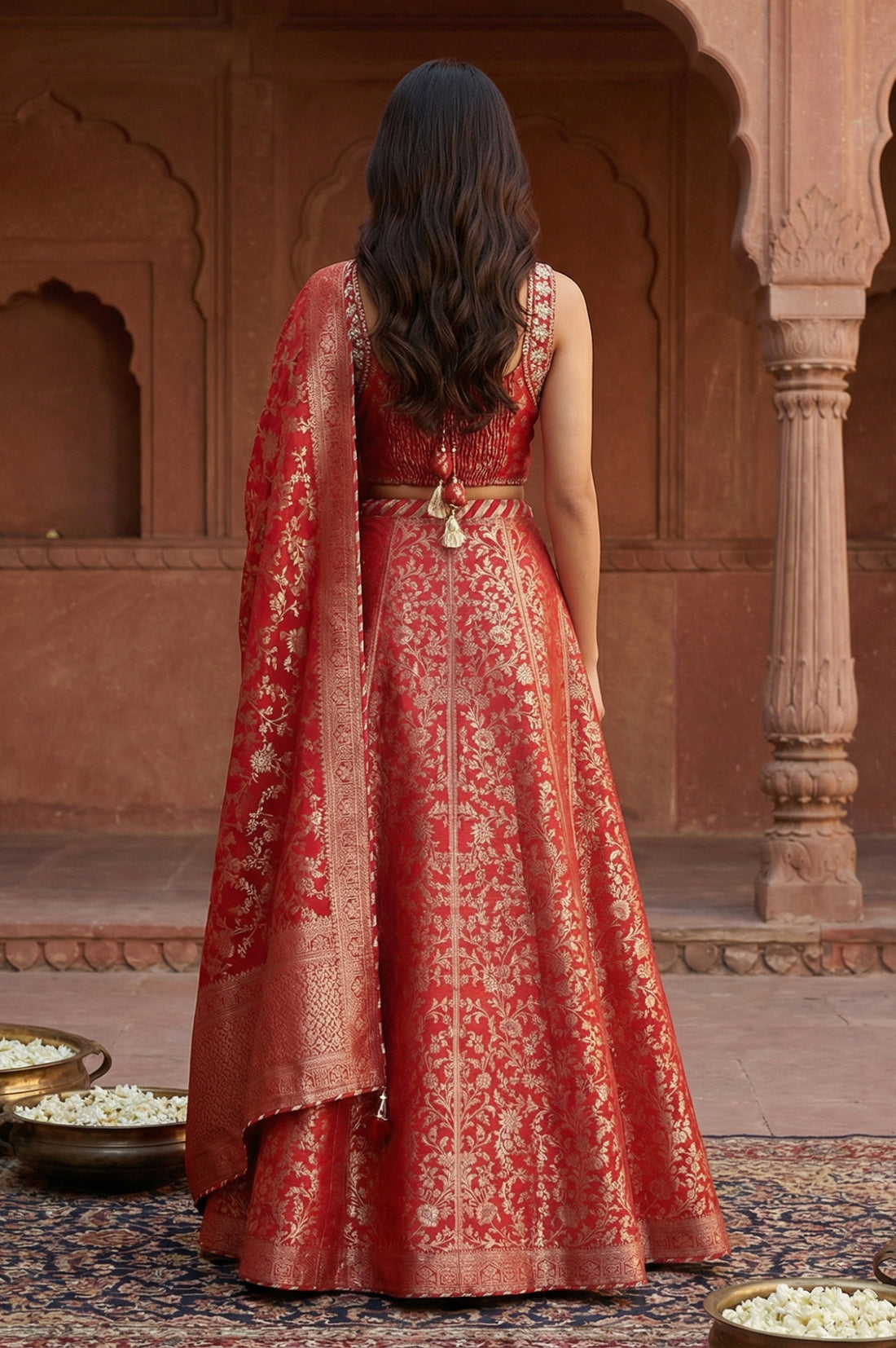 Red Jacquard Zari Straight Crop Top with Skirt and Dupatta Set