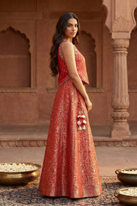 Red Jacquard Zari Straight Crop Top with Skirt and Dupatta Set