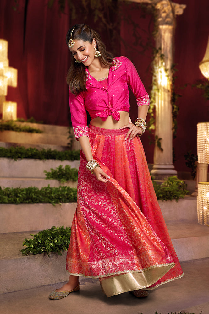 Pink Floral Print Beaded Straight Jacquard Crop Top with Skirt and Jacket Set