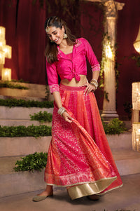 Pink Floral Print Beaded Straight Jacquard Crop Top with Skirt and Jacket Set