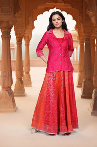 Pink Floral Print Beaded Straight Jacquard Crop Top with Skirt and Jacket Set