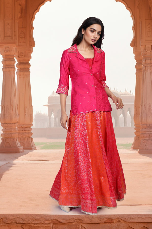 Pink Floral Print Beaded Straight Jacquard Crop Top with Skirt and Jacket Set
