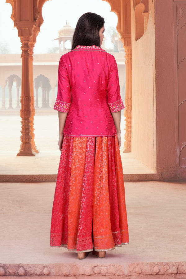 Pink Floral Print Beaded Straight Jacquard Crop Top with Skirt and Jacket Set