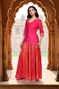 Pink Floral Print Beaded Straight Jacquard Crop Top with Skirt and Jacket Set
