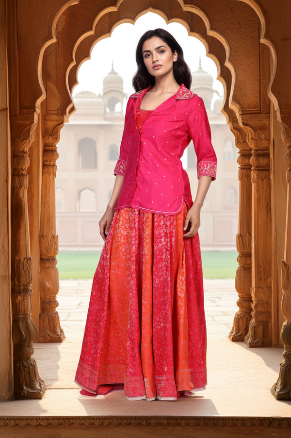 Pink Floral Print Beaded Straight Jacquard Crop Top with Skirt and Jacket Set