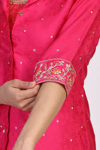 Pink Floral Print Beaded Straight Jacquard Crop Top with Skirt and Jacket Set