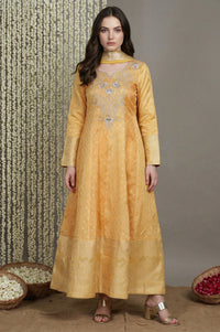 Yellow Embroidered Jacquard Anarkali Kurta with Leggings and Dupatta Set