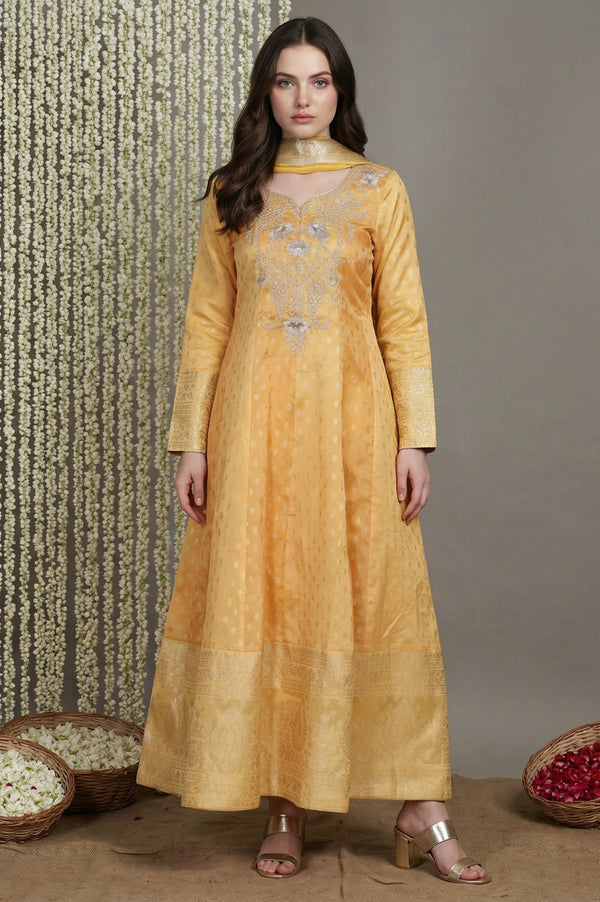 Yellow Embroidered Jacquard Anarkali Kurta with Leggings and Dupatta Set