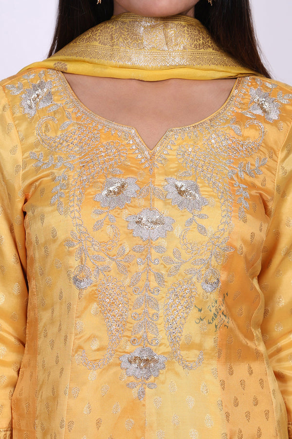 Yellow Embroidered Jacquard Anarkali Kurta with Leggings and Dupatta Set