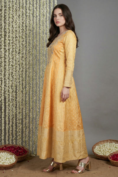 Yellow Embroidered Jacquard Anarkali Kurta with Leggings and Dupatta Set