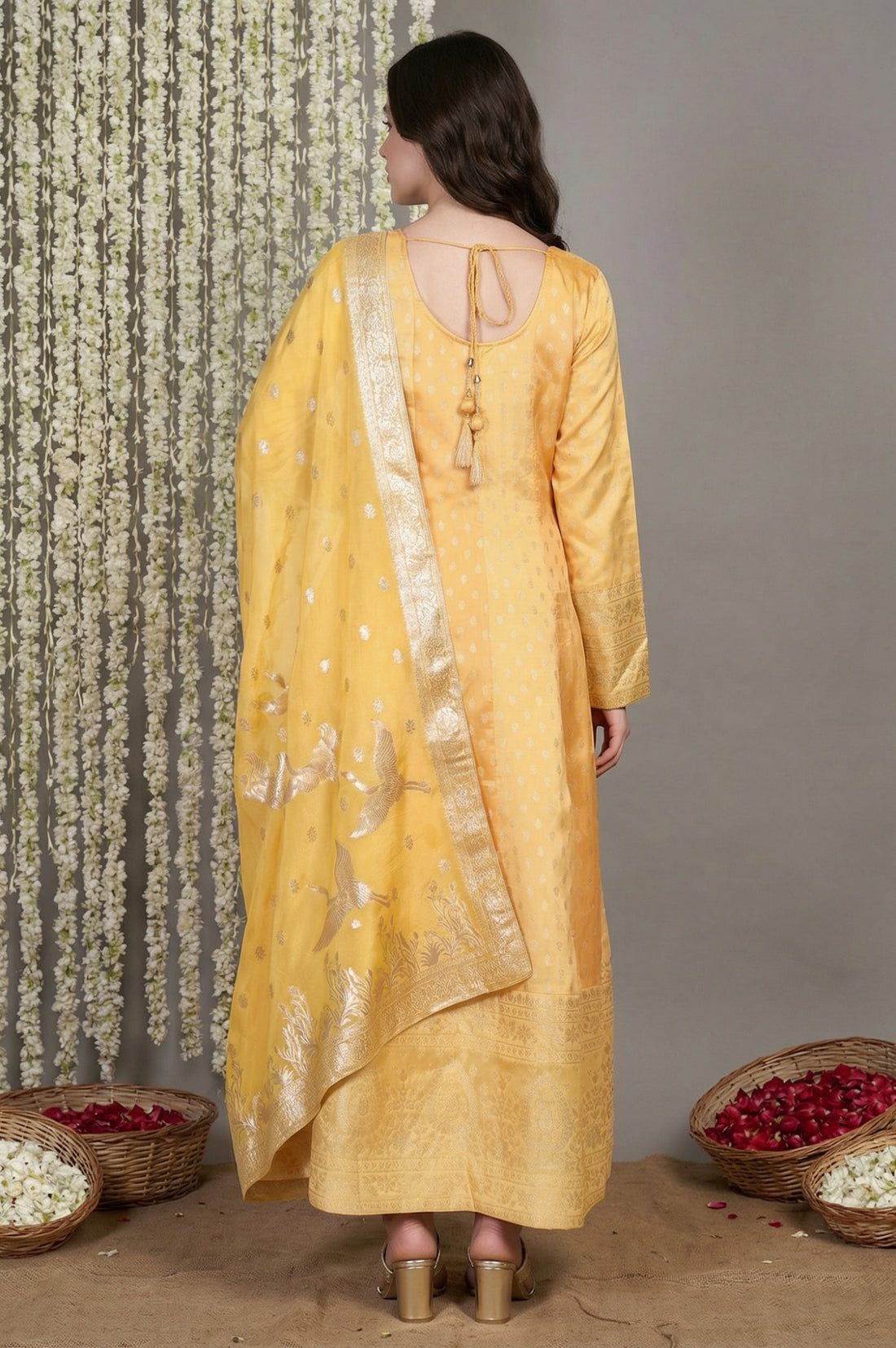 Yellow Embroidered Jacquard Anarkali Kurta with Leggings and Dupatta Set