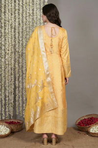 Yellow Embroidered Jacquard Anarkali Kurta with Leggings and Dupatta Set