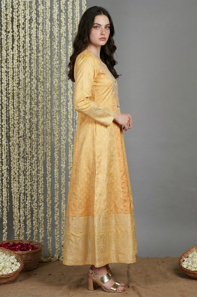Yellow Embroidered Jacquard Anarkali Kurta with Leggings and Dupatta Set