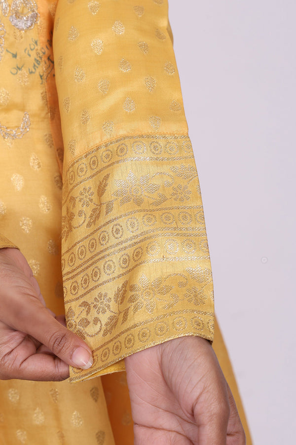 Yellow Embroidered Jacquard Anarkali Kurta with Leggings and Dupatta Set
