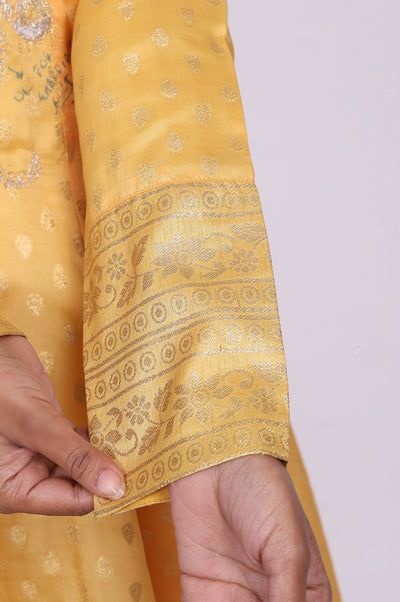 Yellow Embroidered Jacquard Anarkali Kurta with Leggings and Dupatta Set