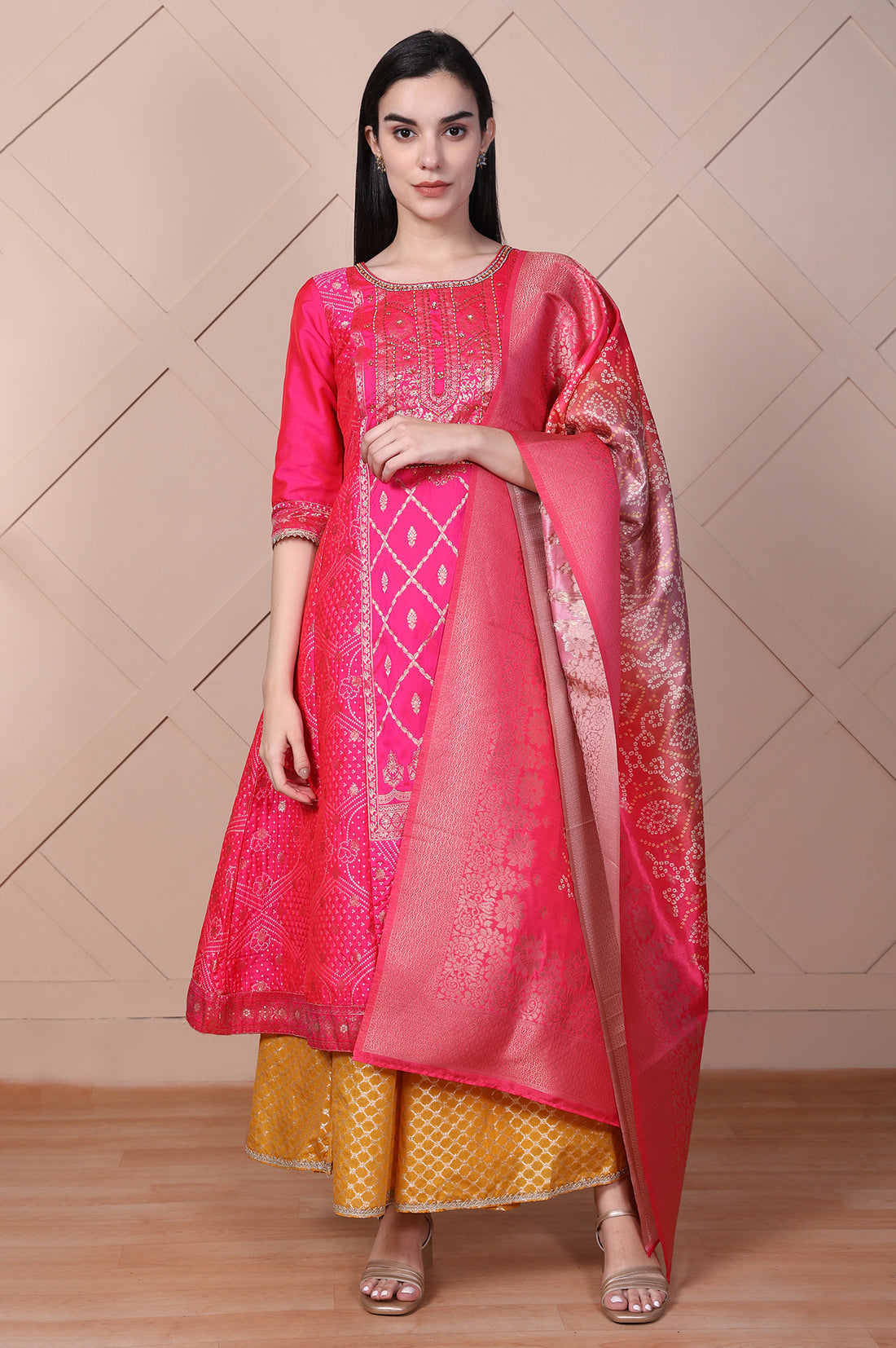 Pink Ethnic Motifs Printed Zari Jacquard Flared Kurta, Sharara and Dupatta Set