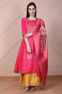 Pink Ethnic Motifs Printed Zari Jacquard Flared Kurta, Sharara and Dupatta Set