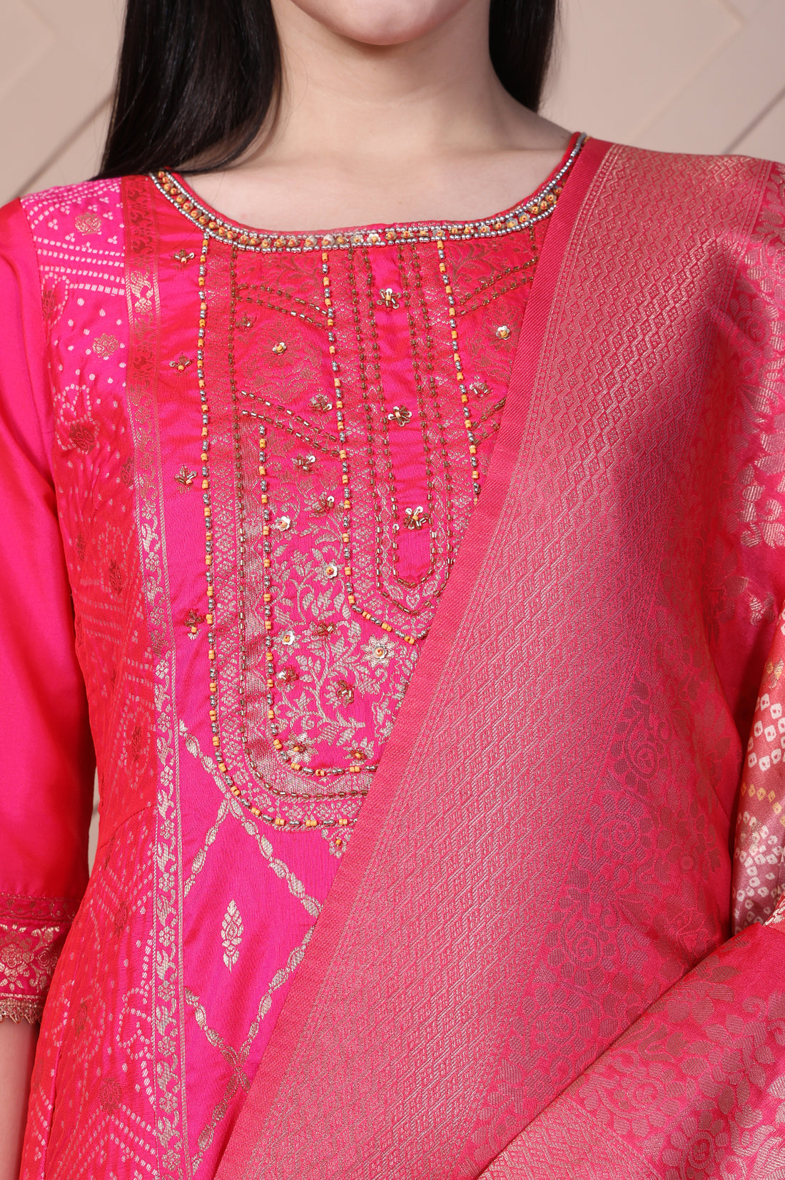 Pink Ethnic Motifs Printed Zari Jacquard Flared Kurta, Sharara and Dupatta Set