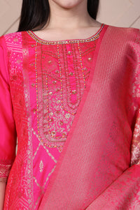 Pink Ethnic Motifs Printed Zari Jacquard Flared Kurta, Sharara and Dupatta Set