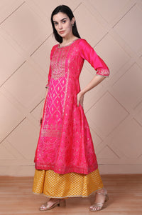 Pink Ethnic Motifs Printed Zari Jacquard Flared Kurta, Sharara and Dupatta Set