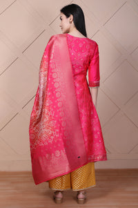 Pink Ethnic Motifs Printed Zari Jacquard Flared Kurta, Sharara and Dupatta Set