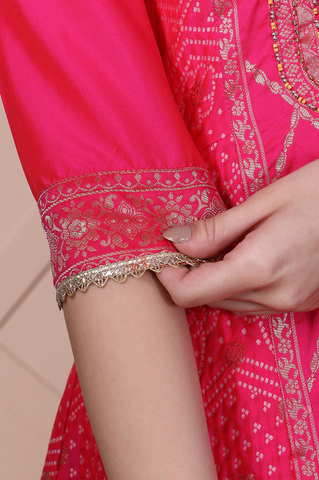 Pink Ethnic Motifs Printed Zari Jacquard Flared Kurta, Sharara and Dupatta Set