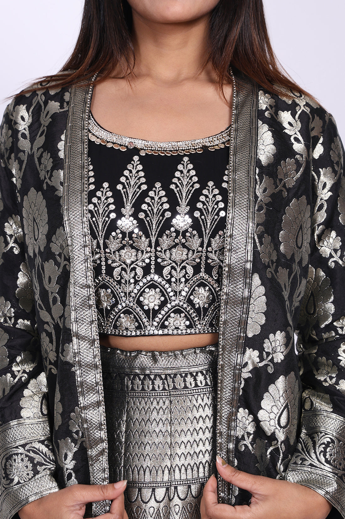 Black Jacquard Sequins Zari Work Straight Crop Top with Skirt and Jacket Set
