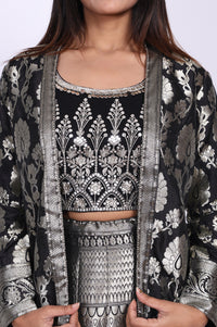 Black Jacquard Sequins Zari Work Straight Crop Top with Skirt and Jacket Set