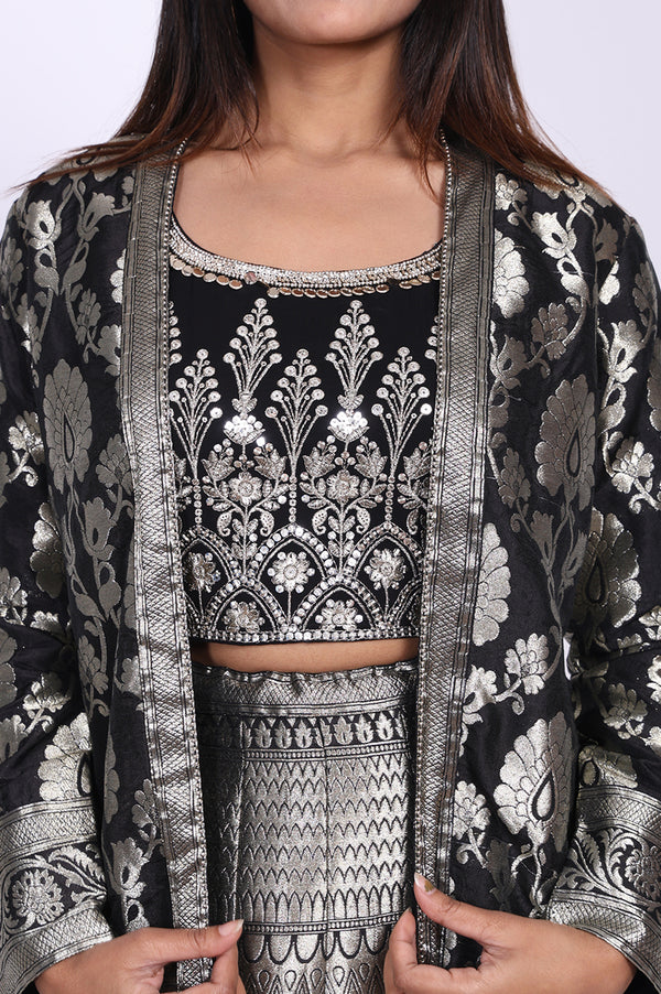 Black Jacquard Sequins Zari Work Straight Crop Top with Skirt and Jacket Set