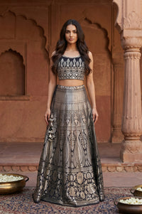 Black Jacquard Sequins Zari Work Straight Crop Top with Skirt and Jacket Set