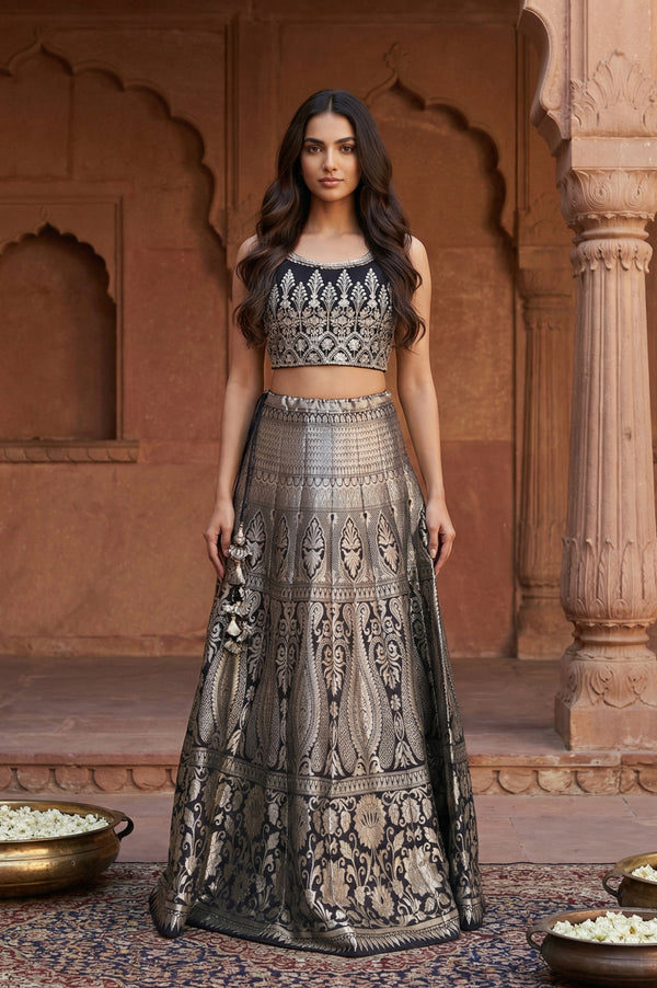 Black Jacquard Sequins Zari Work Straight Crop Top with Skirt and Jacket Set
