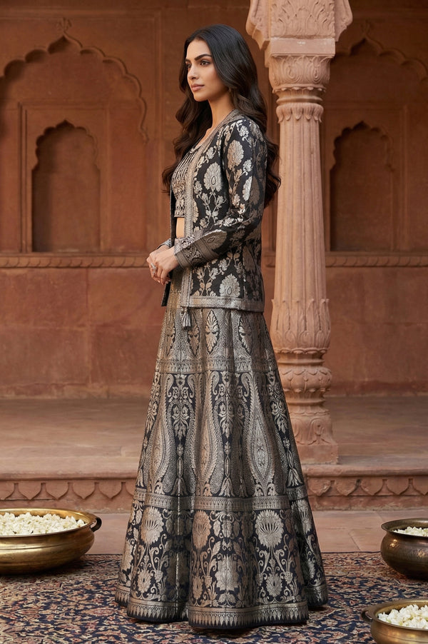 Black Jacquard Sequins Zari Work Straight Crop Top with Skirt and Jacket Set