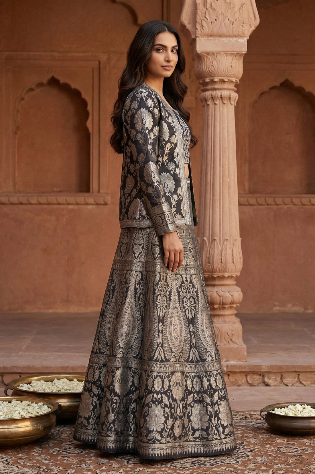 Black Jacquard Sequins Zari Work Straight Crop Top with Skirt and Jacket Set